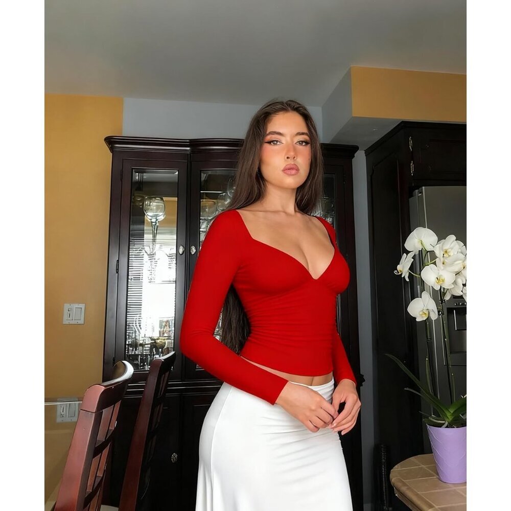Women's Long Sleeve V Neck Ruched Top Slim Fitted Double Lined Casual Nights - Picture 3 of 6